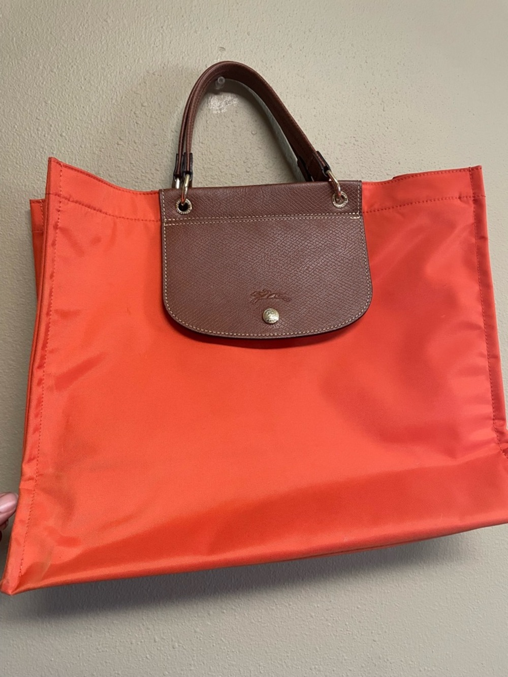 Longchamp Orange “Cabas” Large Nylon Tote with Brown Leather Trim